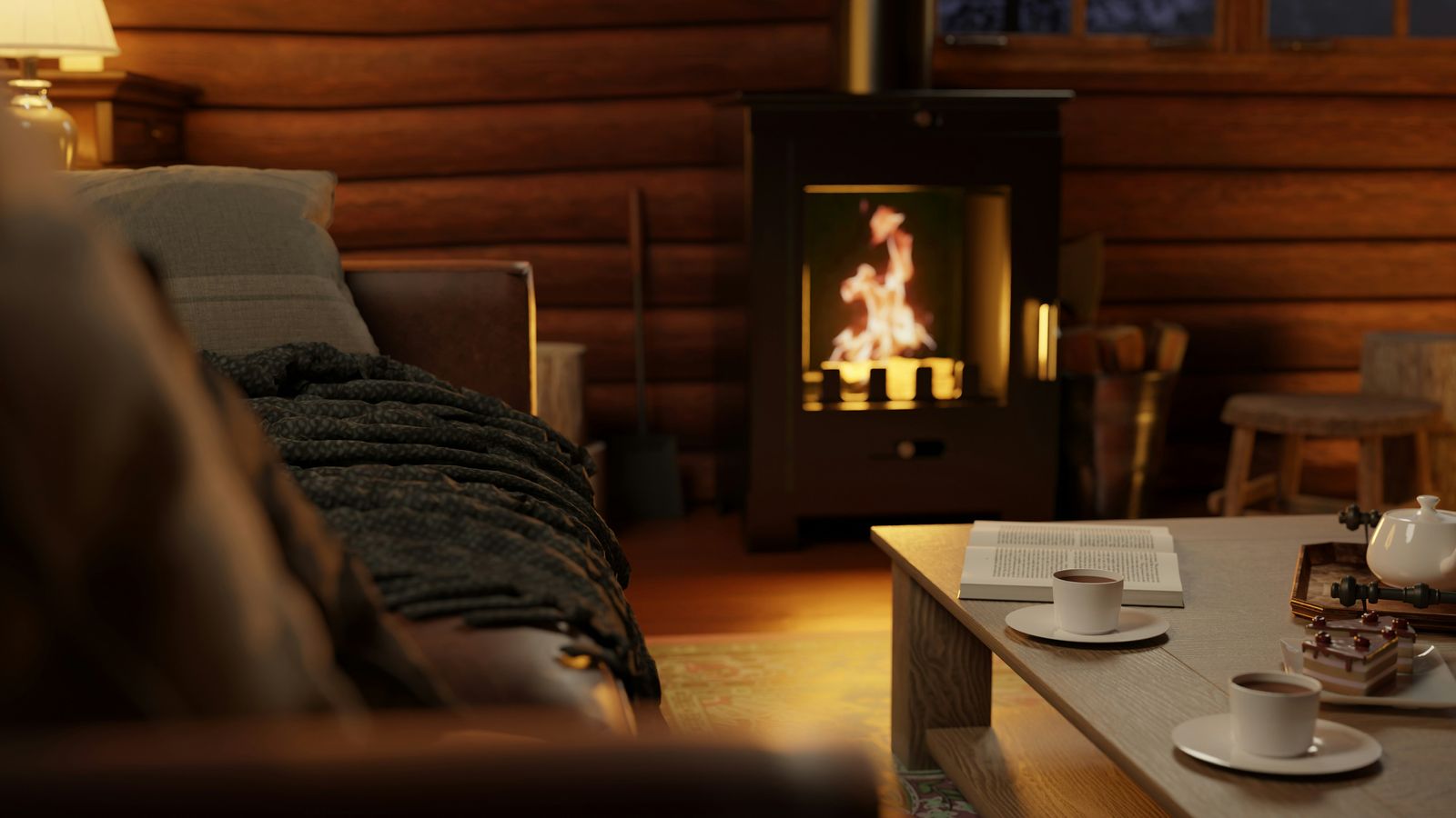 Cosy chalet living room in front of a lit wood stove